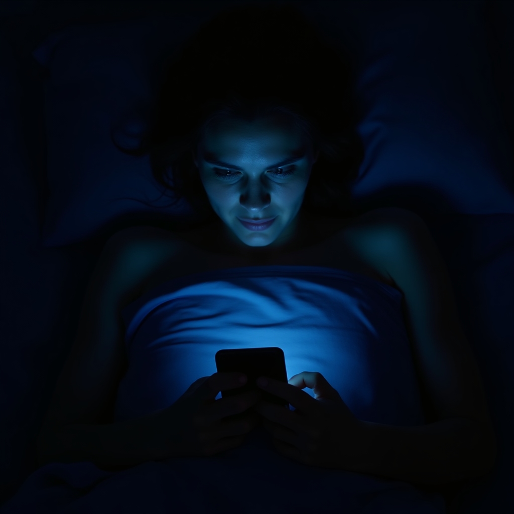 Ciemny pokój, osoba leżąca w łóżku z telefonem oświetlającym twarz, ekran sklepu internetowego