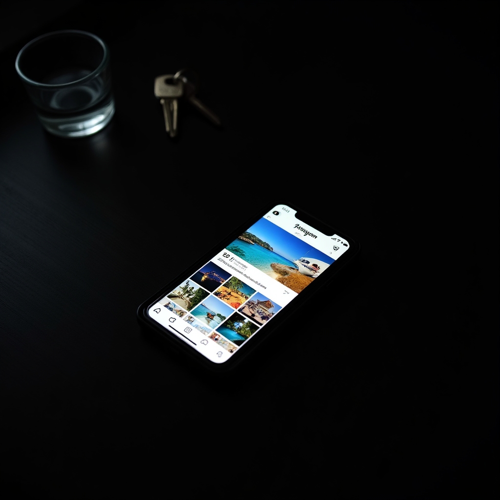 Widok z góry na rękę trzymającą smartfon z feedem social media w ciemnym pokoju, niebieskie światło ekranu