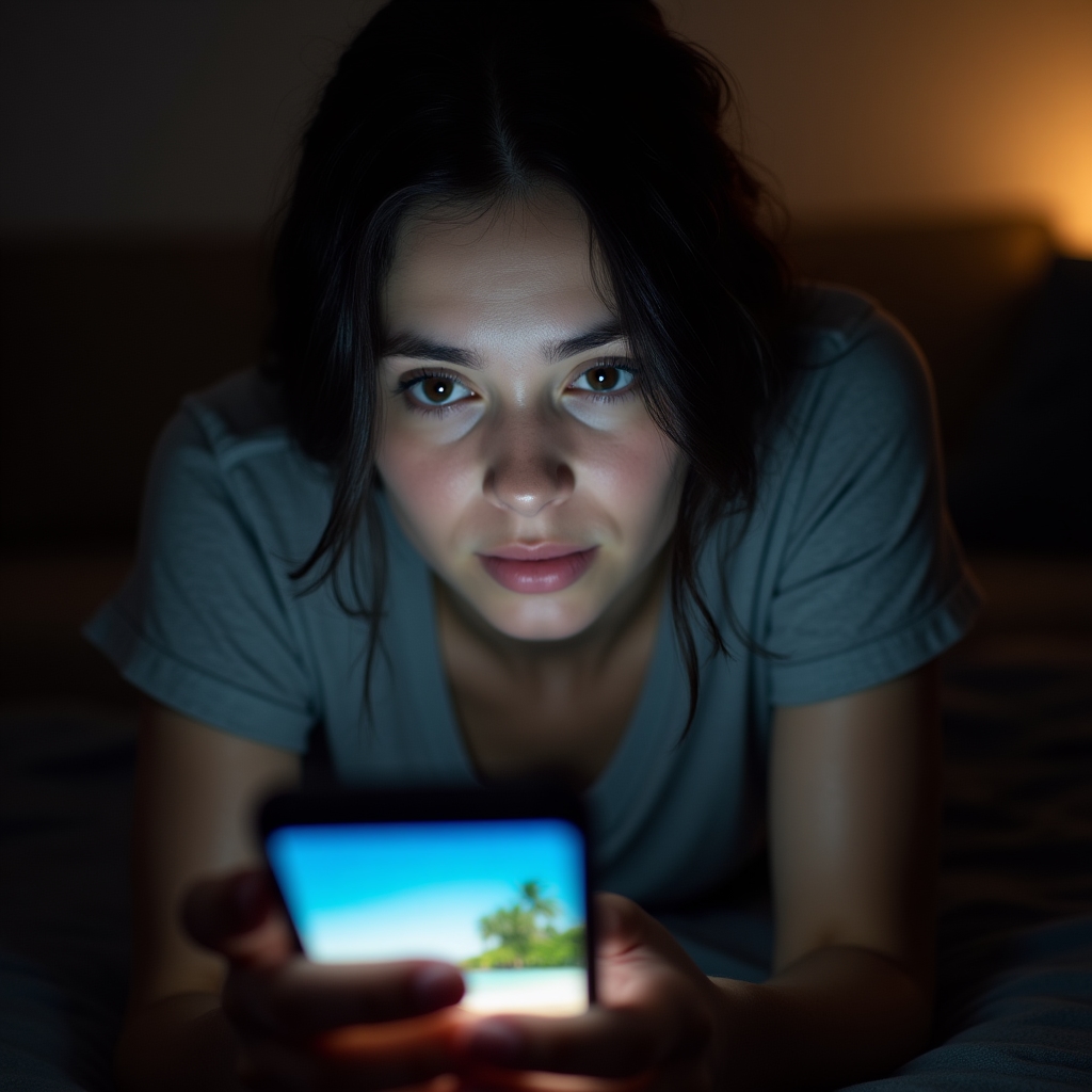 Kobieta patrząca na zdjęcia wakacji znajomych na Instagramie, twarz oświetlona ekranem